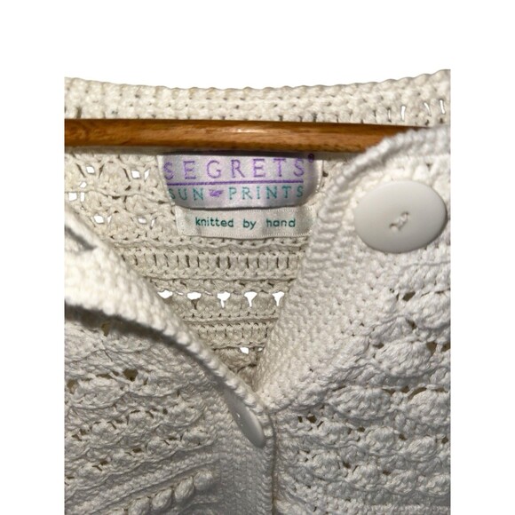 Vintage White Knit Cardigan Button Front Hand Knit Sweater Womens Medium - Picture 15 of 16